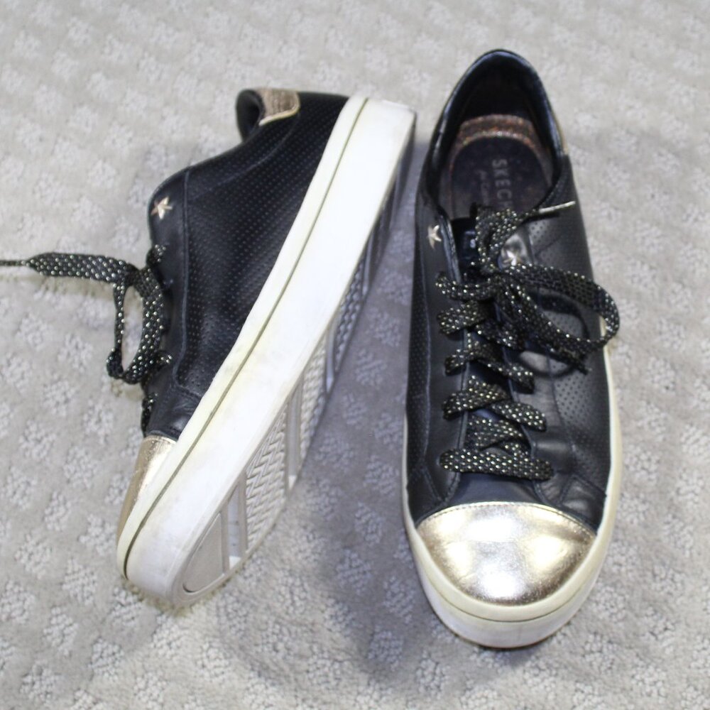 Skecher Street Women's Size 9.5 / 39.5 EUR Black Gold Leather Lace Up Sneakers